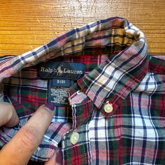 Ralph Lauren navy red green plaid long sleeve button collar shirt SIZE 8 - Picture 3 of 4